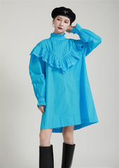 Retro Solid Ruffle Pleated Shirt Dress