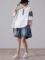 Loose Round Neck Color Block Stitching Short Sleeve T-Shirt