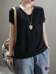 Loose Solid Color V-Neck T-Shirt