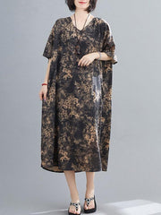 Plus Size Loose Printed V-Neck Midi Dress