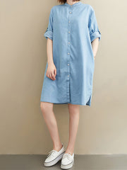 Casual Stand Collar Solid Denim Shirt Dress
