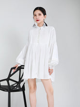 Women Disc Button Embroidered Lantern Sleeve Dress