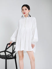 Women Disc Button Embroidered Lantern Sleeve Dress