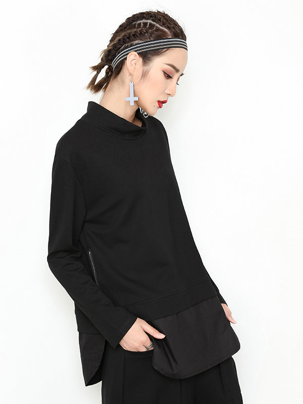 Black Zipper Asymmetric Split-Joint Split-Side T-Shirts Tops