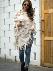 Simple Tassel Knitted Round-Neck Shawl Sweater