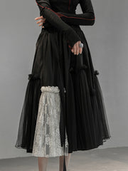 Women Lace Contrast Color Mesh High Waist Fairy Skirt