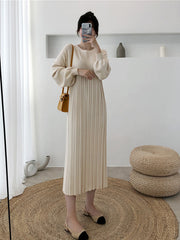 Casual Solid Color Round-Neck Knitted Midi Dress