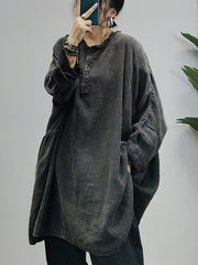 Retro Solid Color Washed Older Long Sleeve Midi Dress