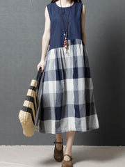 Plaid Loose Comfortable Split-joint Long Dress
