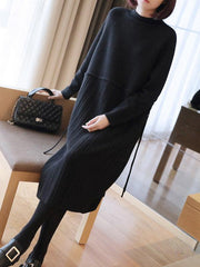 Plain Elasticity Pleated Knit Midi Dress