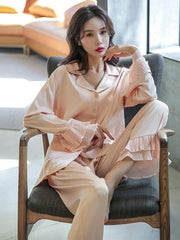 Two-Pieces Solid Color V-Neck Falbala Pajamas