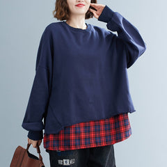 False Two Plaid Split-Joint Loose Sweatshirt