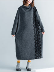 Half High Neck Lace Stitching Cotton Midi Dress