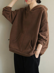 Women Solid Color Loose Hooded Sweatshirt