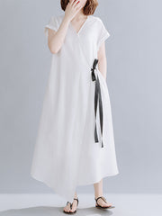 V-Neck Short Sleeves Solid Maxi Dress