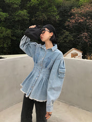 Loose Lapel Collar Long Sleeve Denim Shirt