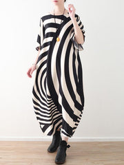 Asymmetric Striped Chiffon Half Sleeves Long Dress