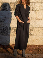 Simple Black V-Neck Half Sleeves Midi Dress