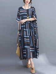Retro Round Neck Short Sleeve Loose Striped Dress