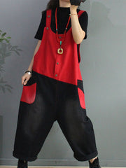 Women Retro Color Matching Loose Strap Jeans