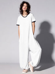 Solid Round-Neck Short Sleeves Casual Jumpsuits