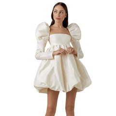 Puff Sleeve Imitation Silk Mini Dress