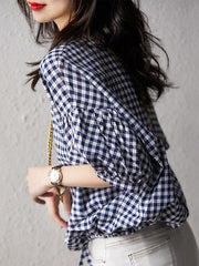 Retro Check Print Bat Sleeve Loose Shirt