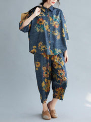 Casual Floral Shirt Blouse Tops+Harem Pants Suits