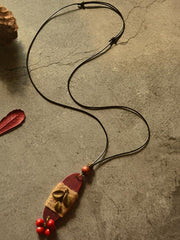 Vintage Hemp Rope Leaves Red Bean Long Necklace