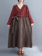 Retro Patchwork Floral V-Neck Lace-Up Midi Dress