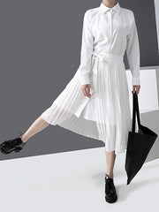 Solid Splicing Lace-Up Pleated Midi Dress