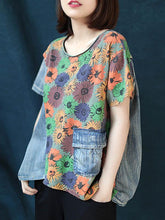 Vintage Cropped Floral Split-Joint Denim T-Shirt
