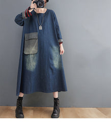 Denim Lapel Patchwork Loose Midi Dress