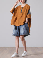 Loose Round Neck Color Block Stitching Short Sleeve T-Shirt