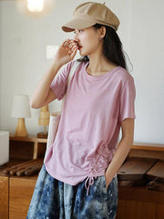 Original Solid Pleats Drawstring Elasticity T-Shitrs