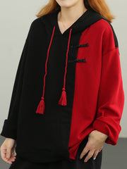 Retro Long Sleeve Drawstring Color Block Sweatshirt