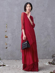 Two Pieces Silk Red Cropped Long Dress