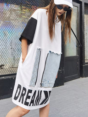 Letter Print Stitching Short Sleeve Loose Dress
