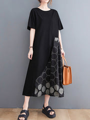 Splicing Print Round Collar Casual Short Sleeve Dress