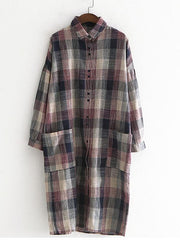 Autumn Plaid Long Sleeves Lapel Linen Blouse Dress