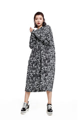 Round Neck Printed Long-Sleeved Cotton Maxi Dress