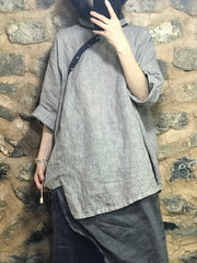 Simple Plaid Half Sleeves Flax Blouse Top