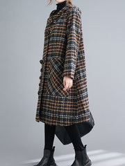 Coil Button Hooded Plaid Coat