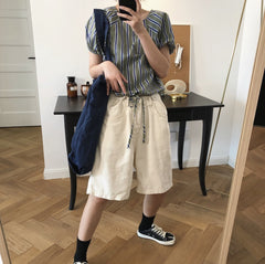 Round Neck Vertical Stripes Puff Sleeve Short Sleeve  Blouses T-Shirts Top