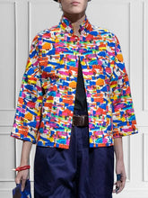 Loose Three-Quarter Sleeves Contrast Color Printed Lapel Collar Outerwear