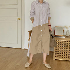 Women Loose Casual Stitching Contrast Striped Shirt Dress