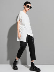 Asymmetrical Zipper Loose Round Neck Simple T-Shirt