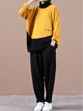 Women Loose High Neck Stitching Embroidery Sweatshirt