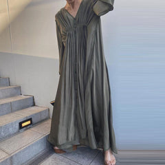 V-Neck High-Waist Long-Sleeved Large Hem Maxi Dress