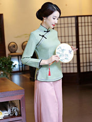 Gray-green Ramie Cotton Cheongsam Tops